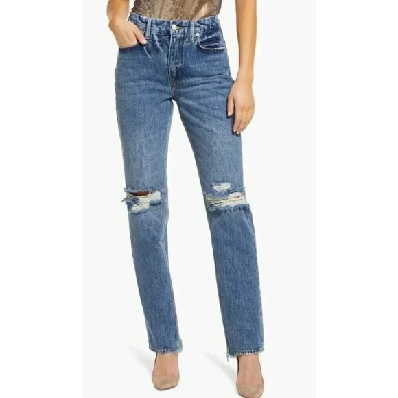 Good American Denim - Good American Good 90s Ripped Slim Fit Straight Leg Jeans in Indigo016 Size 28